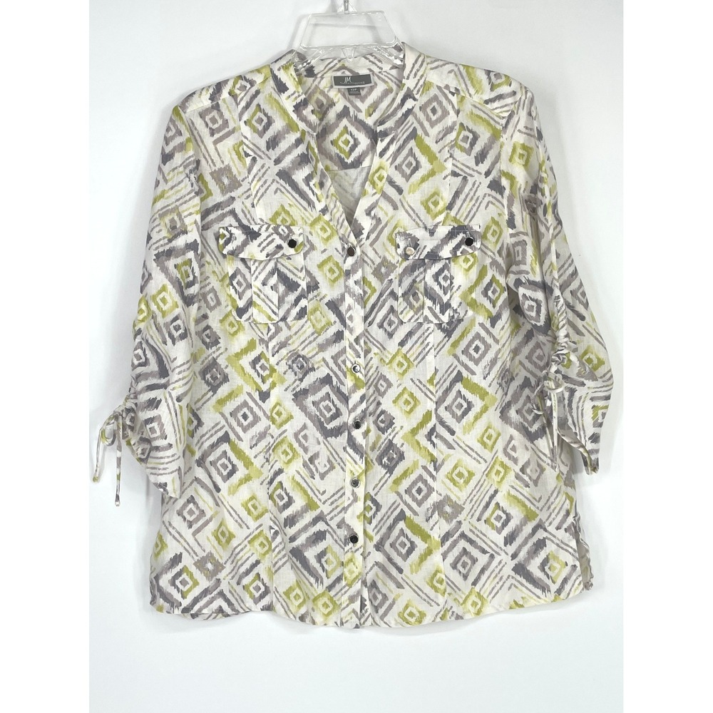 JM Collection Womens Blouse 100% Linen 12P Button Up Green Ikat Cinch 3/4 Sleeve